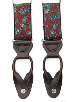 Burgundy/Navy Printed Paisley Non-Stretch, Suspenders Button Tabs, Nickel Fittings